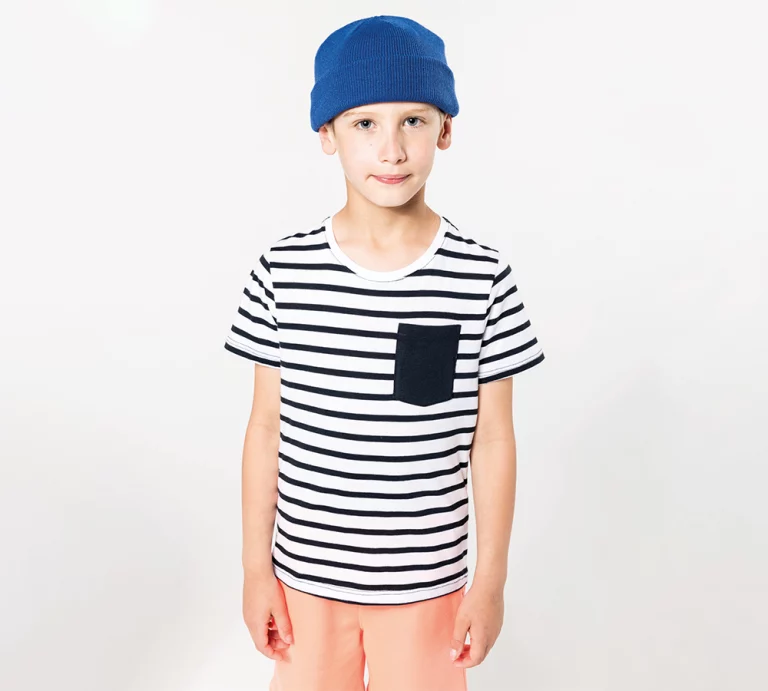 k379 - gestreept kinder t-shirt met zak ontwerpen en bedrukken -